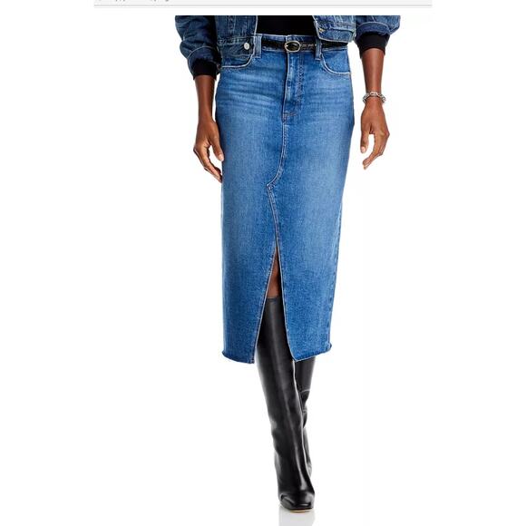 PAIGE Meadow Raw Hem Denim Midi Skirt Size 24 - Picture 5 of 9